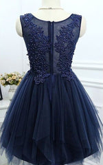 Dark Navy Jewel Sleeveless Corset Homecoming Dresses,Appliques Beading A Line Tulle Semi Corset Formal Dress outfit, Party Dresses 2035