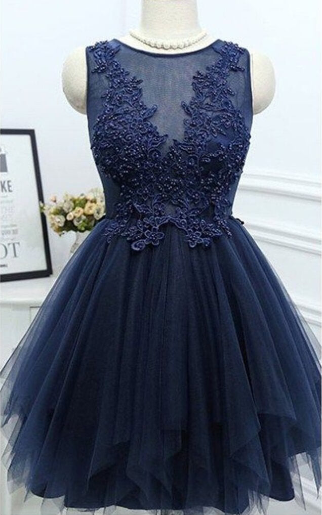 Dark Navy Jewel Sleeveless Corset Homecoming Dresses,Appliques Beading A Line Tulle Semi Corset Formal Dress outfit, Party Dresses In Store