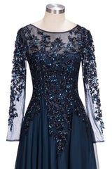 Dark Navy Long A-line Jewel Tulle Corset Formal Evening Dresses with Sleeves Gowns, Party Dress India