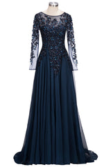 Dark Navy Long A-line Jewel Tulle Corset Formal Evening Dresses with Sleeves Gowns, Party Dresses Pink