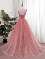 Dark Pink Sequins V-neckline Straps Long Evening Dress, Tulle Pink Corset Prom Dress outfits, Elegant Gown