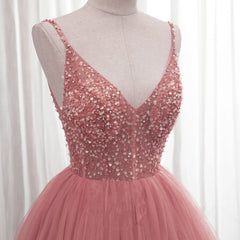 Dark Pink Sequins V-neckline Straps Long Evening Dress, Tulle Pink Corset Prom Dress outfits, Flowy Prom Dress