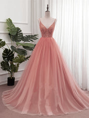 Dark Pink Sequins V-neckline Straps Long Evening Dress, Tulle Pink Corset Prom Dress outfits, Senior Prom Dress