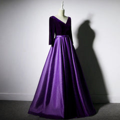 Dark Purple Long Sleeves V-neckline Velvet and satin Long Party Dress, Long Evening Dress Corset Prom Dress outfits, Prom Dresses Boho