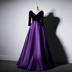 Dark Purple Long Sleeves V-neckline Velvet and satin Long Party Dress, Long Evening Dress Corset Prom Dress outfits, Prom Dresses For Black