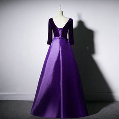 Dark Purple Long Sleeves V-neckline Velvet and satin Long Party Dress, Long Evening Dress Corset Prom Dress outfits, Prom Dress Shops Nearby