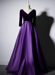 Dark Purple Long Sleeves V-neckline Velvet and satin Long Party Dress, Long Evening Dress Corset Prom Dress outfits, Prom Dress Corset