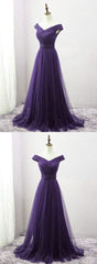 Dark Purple Sweetheart Tulle Off Shoulder Corset Bridesmaid Dress, Long Corset Prom Dress outfits, Party Dress Ideas For Curvy Figure