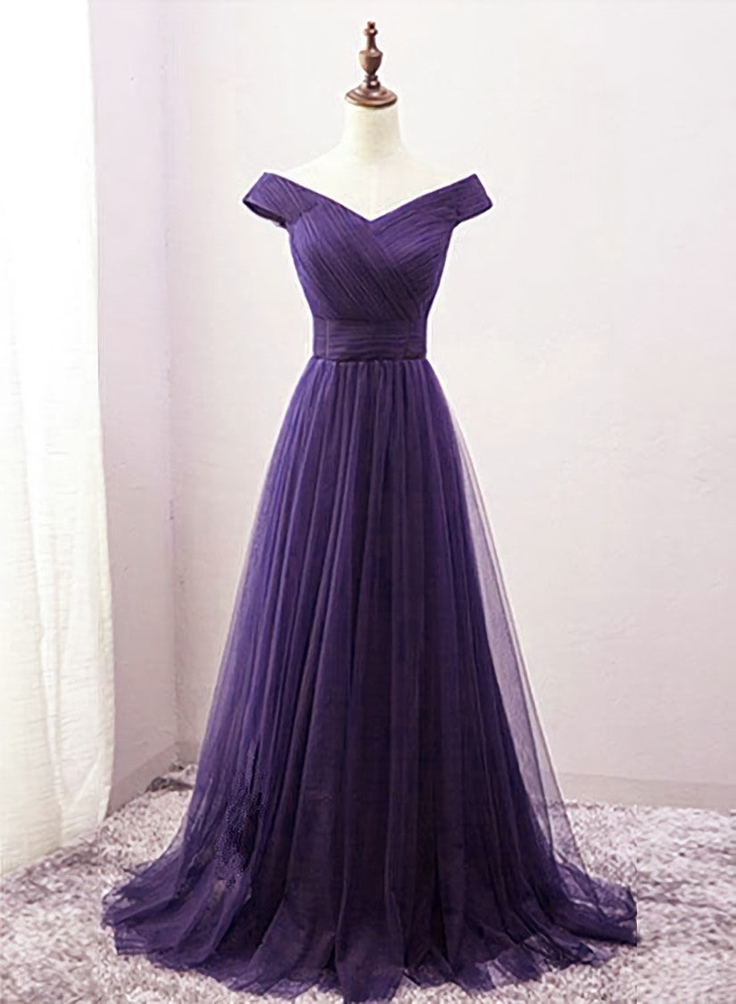Dark Purple Sweetheart Tulle Off Shoulder Corset Bridesmaid Dress, Long Corset Prom Dress outfits, Stylish Outfit