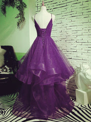 Dark Purple Tulle Layers Corset Formal Gown, Purple Evening Party Dresses outfit, Prom Dress Ball Gown