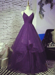 Dark Purple Tulle Layers Corset Formal Gown, Purple Evening Party Dresses outfit, Prom Dress V Neck