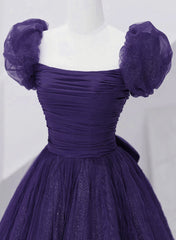 Dark Purple Tulle Scoop A-line Long Corset Formal Dress, Dark Purple Evening Dress Corset Prom Dress outfits, Bridesmaids Dresses Long Sleeves