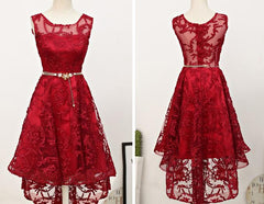 Dark Red High Low Lace Party Dress Corset Homecoming Dress, Red Short Corset Prom Dress outfits, Prom Dresses 2028 Cheap
