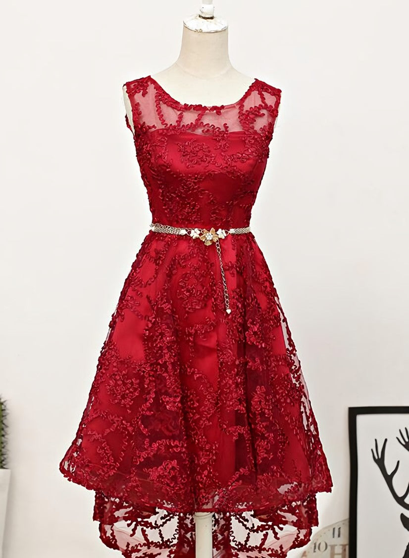 Dark Red High Low Lace Party Dress Corset Homecoming Dress, Red Short Corset Prom Dress outfits, Prom Dress Size 22