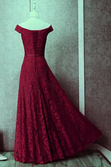 Dark Red Lace Off Shoulder Corset Bridesmaid Dress, Long Corset Prom Dress outfits, Homecoming Dresses Lace