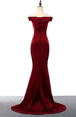 Dark Red Mermaid Satin Long Party Dress, Off Shoulder Evening Dress outfit, Party Dress For Couple