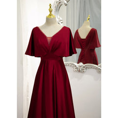 Dark Red Satin A-line Floor Length Evening Dress, Wine Red Corset Wedding Party Dresses outfit, Wedding Dresses Tops