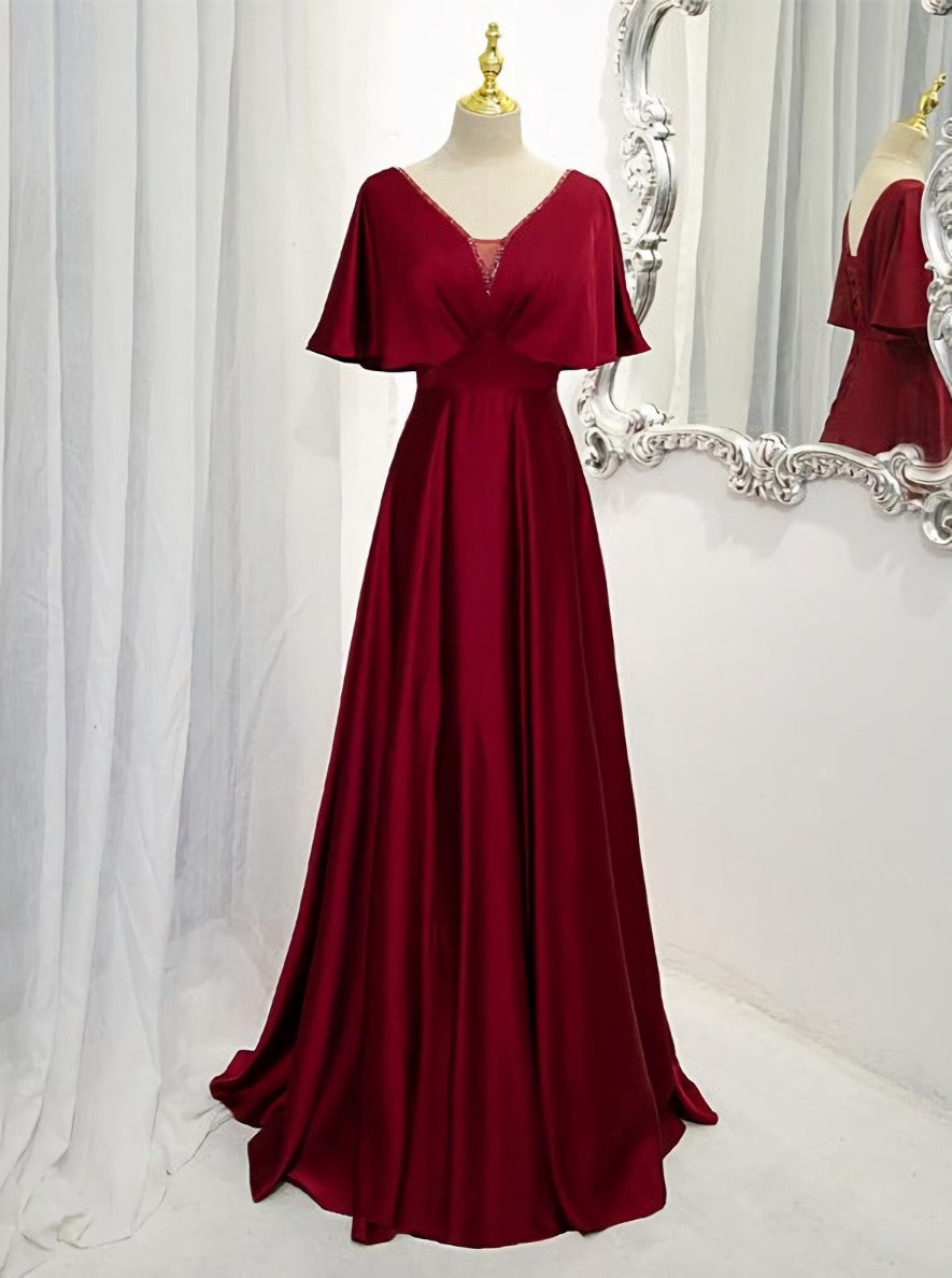 Dark Red Satin A-line Floor Length Evening Dress, Wine Red Corset Wedding Party Dresses outfit, Wedding Dress Casual