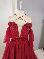 Dark Red Tulle Lace Long Corset Prom Dress, Red Tulle Lace Evening Dress outfit, Glamorous Dress