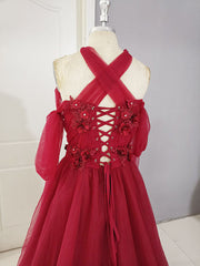 Dark Red Tulle Lace Long Corset Prom Dress, Red Tulle Lace Evening Dress outfit, Black Long Dress