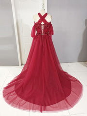 Dark Red Tulle Lace Long Corset Prom Dress, Red Tulle Lace Evening Dress outfit, Off Shoulder Prom Dress