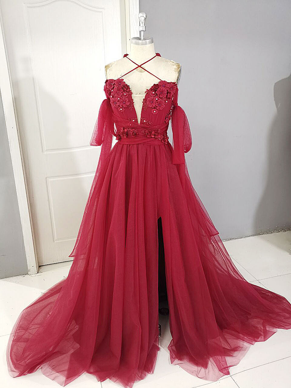 Dark Red Tulle Lace Long Corset Prom Dress, Red Tulle Lace Evening Dress outfit, Princess Prom Dress