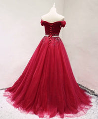 Dark Red Tulle Off Shoulder Long Corset Prom Dress, Beaded Party Dress Outfits, Evening Dress Suit