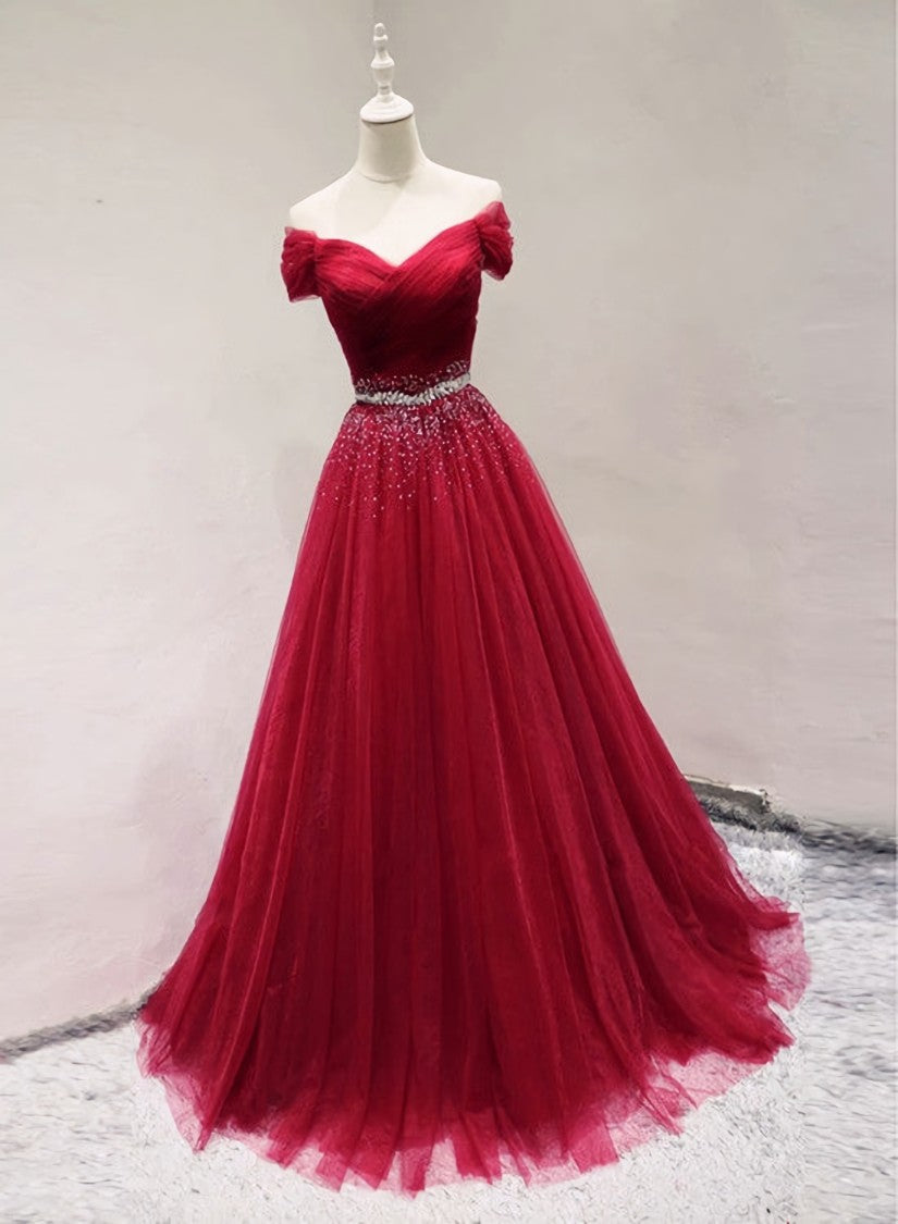 Dark Red Tulle Off Shoulder Long Corset Prom Dress, Beaded Party Dress Outfits, Evening Dresses For Over 58S