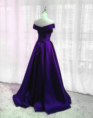 Simple Off Shoulder Satin Long Corset Prom Dress, Dark Purple Party Dress Outfits, Black Lace Dress