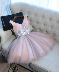 Cute Pink V Neck Tulle Seqsuins Short Corset Prom Dress, Cocktail Dress outfit, Senior Prom Dress