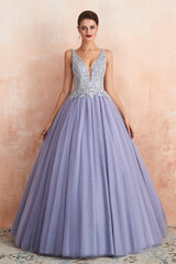 Deep V Neck Beaded Tulle Lavender Corset Prom Dresses outfit, Prom Dress Colors
