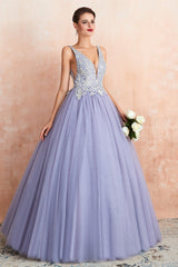 Deep V Neck Beaded Tulle Lavender Corset Prom Dresses outfit, Prom Dresses Colorful