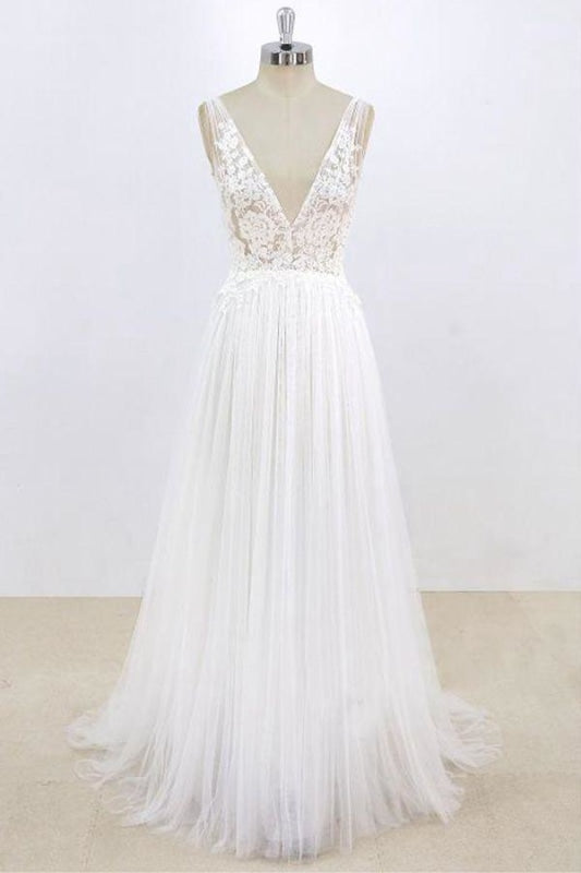 Deep V-neck Lace A-line Tulle Corset Wedding Dress outfit, Wedding Dresses Open Back