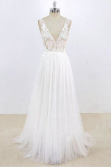 Deep V-neck Lace A-line Tulle Corset Wedding Dress outfit, Wedding Dresses Open Back