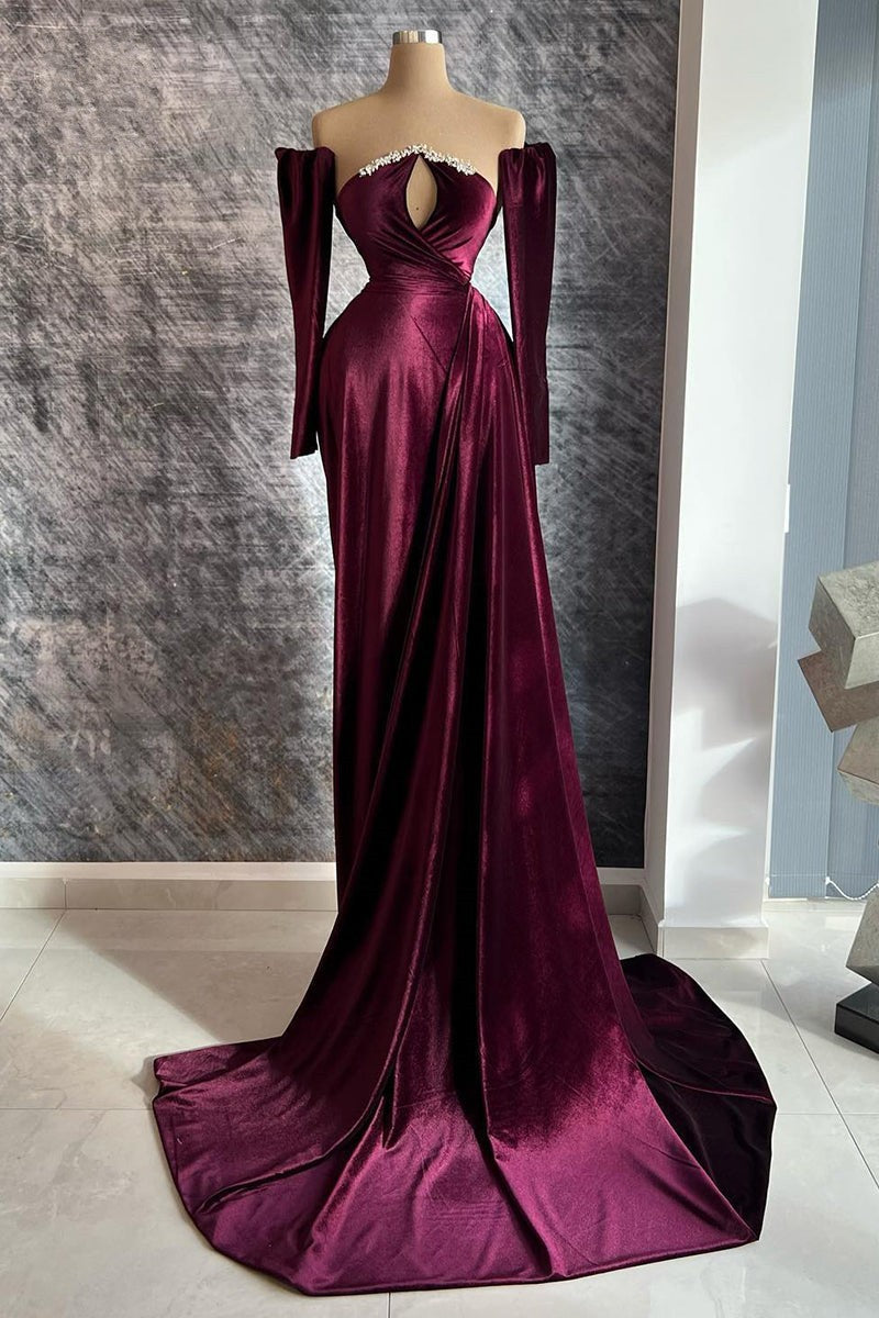 Designer Burgundy Velvet Long Sleeves Corset Prom Dress With Train,Gala Dresses Elegant outfit, Bridesmaid Dresses Convertable
