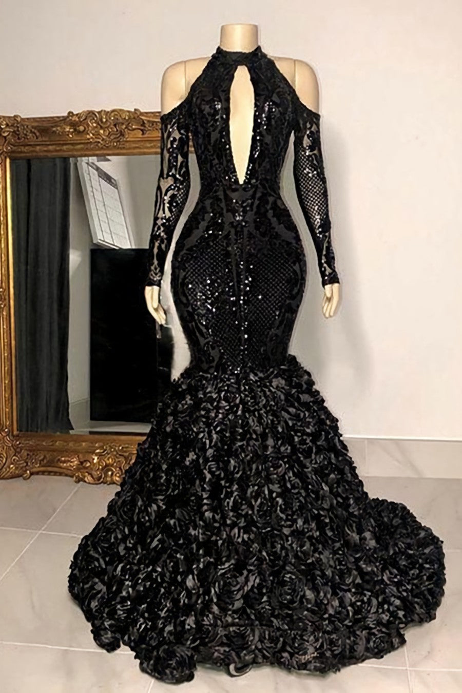 Dignified Black Halter Long Sleeve Transparent Lace Sequin Mermaid Corset Prom Dresses outfit, Bridesmaid Dresses With Lace