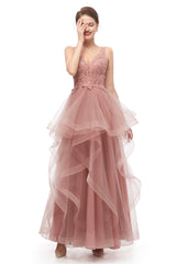 Double V-Neck Beaded Applique Layered Tulle Corset Prom Dresses outfit, Prom Dresses For Brunettes