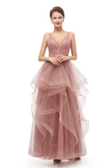 Double V-Neck Beaded Applique Layered Tulle Corset Prom Dresses outfit, Prom Dress Fitted