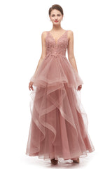 Double V-Neck Beaded Applique Layered Tulle Corset Prom Dresses outfit, Prom Dresses Fitting
