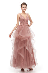Double V-Neck Beaded Applique Layered Tulle Corset Prom Dresses outfit, Prom Dress Long Formal Evening Gown