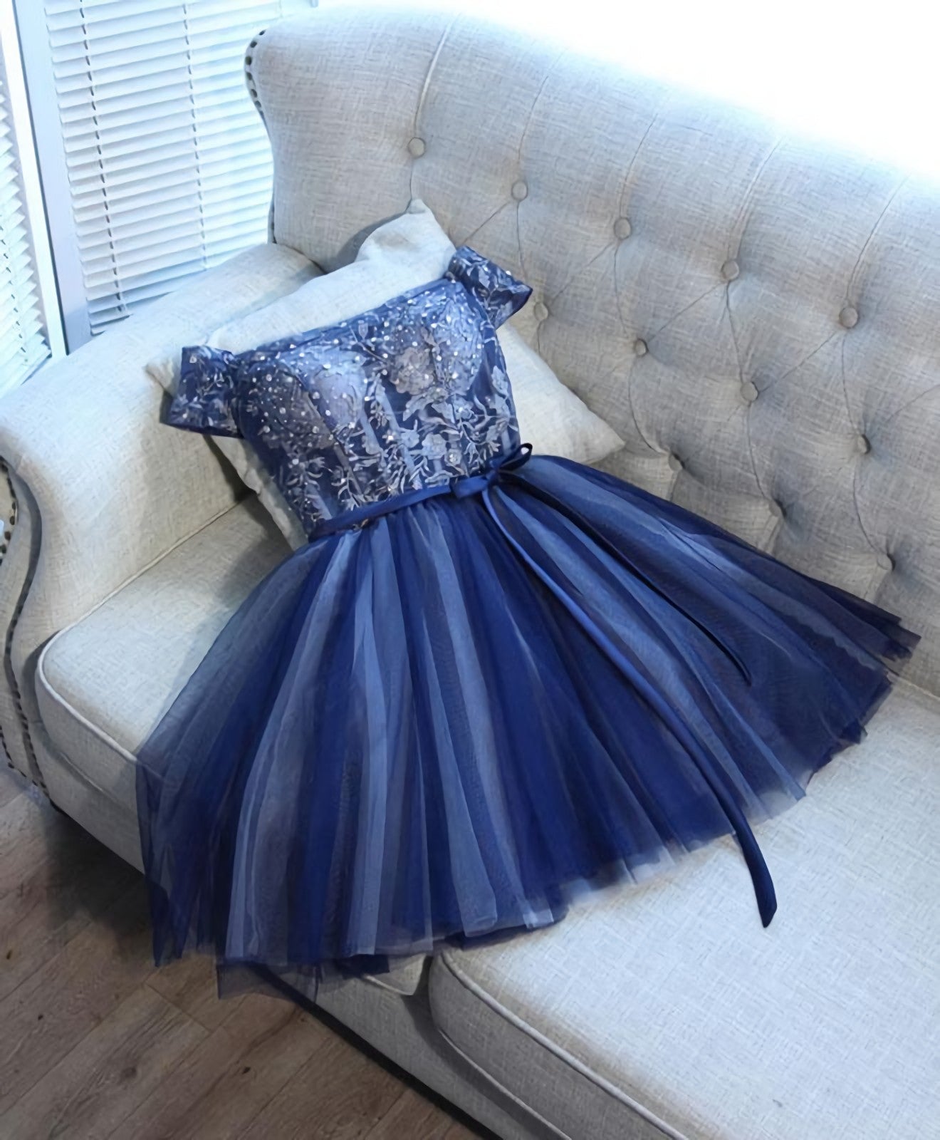 Blue Lace Off Shoulder Short Corset Prom Dress, Blue Evening Dress outfit, Prom Dress Outfit