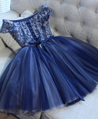 Blue Lace Off Shoulder Short Corset Prom Dress, Blue Evening Dress outfit, Prom Dresses With Long Sleeves