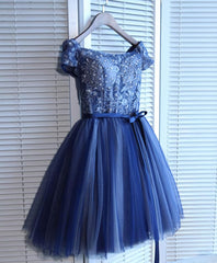 Blue Lace Off Shoulder Short Corset Prom Dress, Blue Evening Dress outfit, Prom Dress With Long Sleeves
