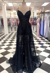 Black Tulle Lace Long Corset Prom Dress, Black Evening Dress outfit, Formal Dress Attire For Wedding