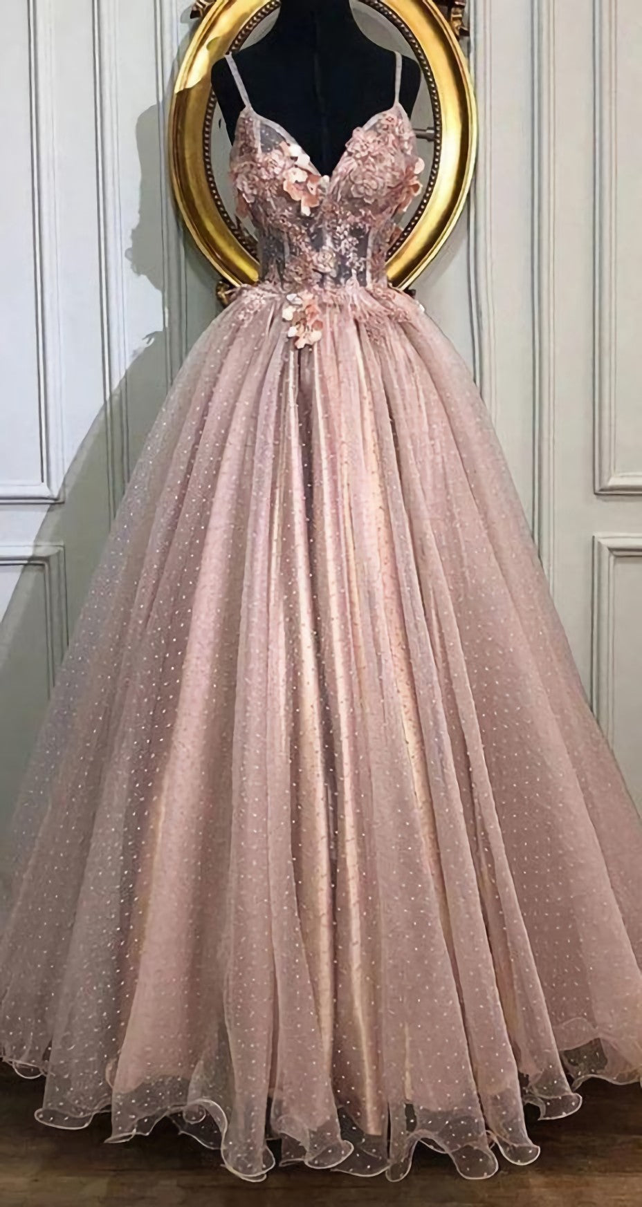 A Line V Neck Tulle Long Corset Prom Dresses, Pearl Pink Appliques Corset Formal Evening Dress outfit, Formal Dress For Weddings Guest