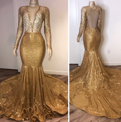 Black Girl Corset Prom Dresses, Open Back Gold Corset Prom Dresses, With Choker Long Sleeve Mermaid V Neck Sexy Evening Gowns With Crystals Gowns, Formal Dresses For Fall Wedding