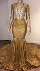 Black Girl Corset Prom Dresses, Open Back Gold Corset Prom Dresses, With Choker Long Sleeve Mermaid V Neck Sexy Evening Gowns With Crystals Gowns, Formal Dresses For Winter Wedding