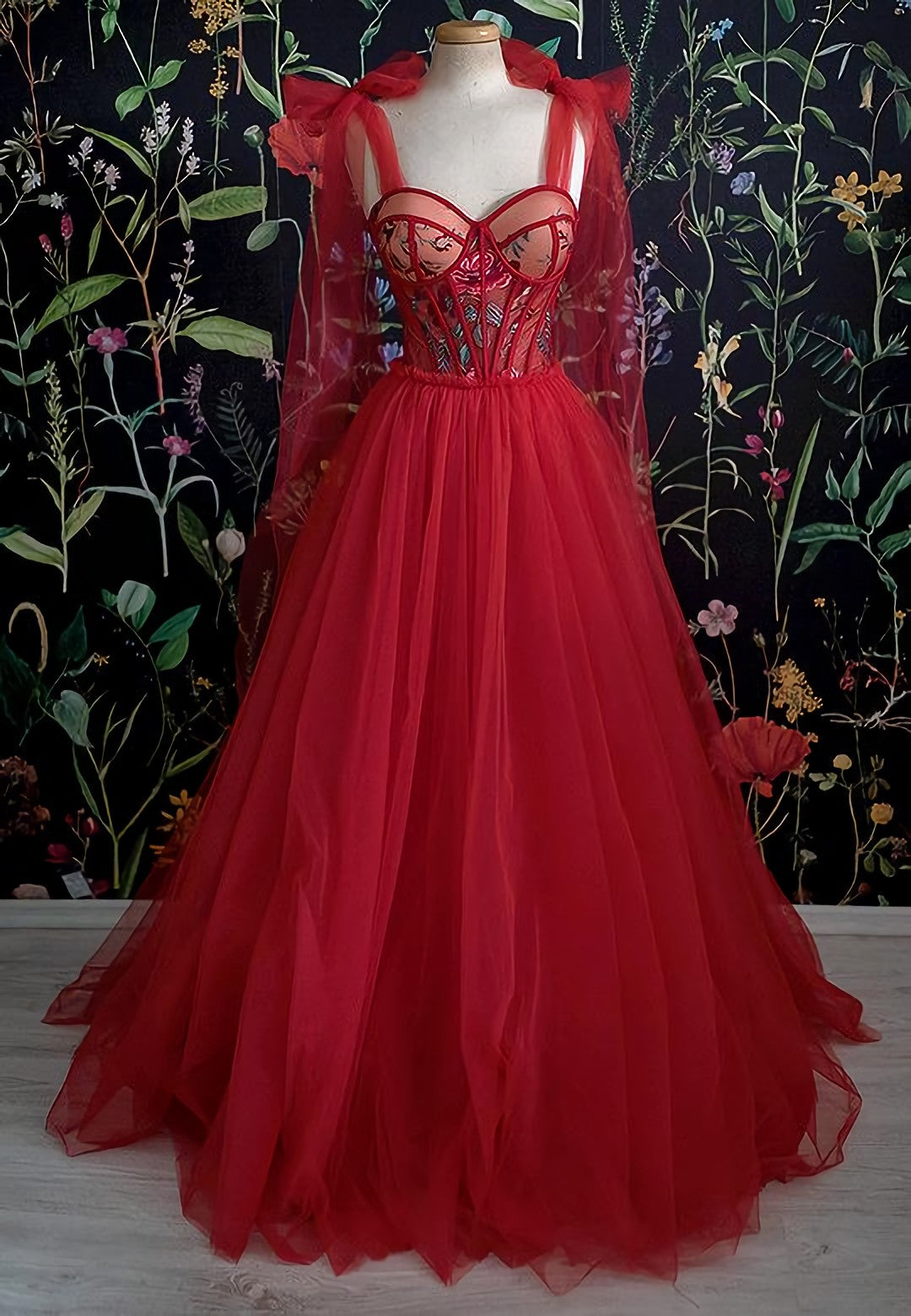 Gorgeous Red Long Evening Dress, Corset Prom Dresses outfit, Black Gown
