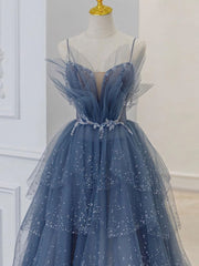 Blue Sweetheart Tulle Sequin Long Corset Prom Dress, Blue Evening Dress outfit, Evening Dress Shop
