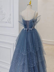 Blue Sweetheart Tulle Sequin Long Corset Prom Dress, Blue Evening Dress outfit, Evening Dress Ideas